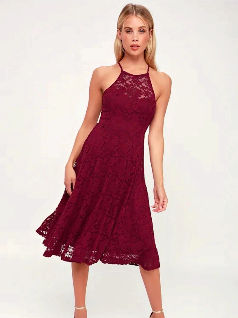 Lulus My Kingdom Burgundy Wine Red Lace Midi Dress XS Like New